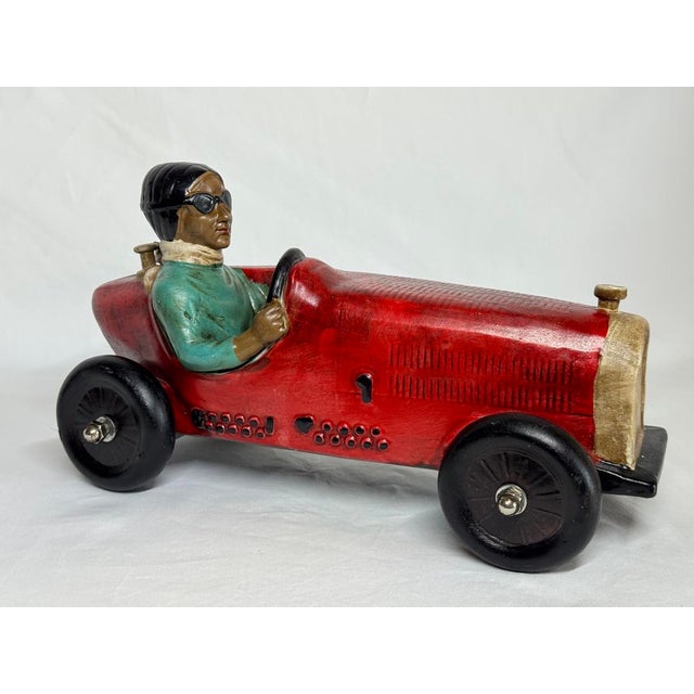 Mid-century ceramic 1930’s Bugatti style race car & driver figurine with moving wheels Very nice vintage condition with...