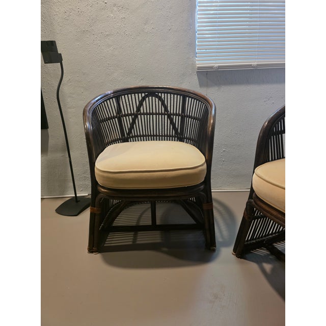 1970s Pair of Rattan and Bamboo Barrel Back Armchairs With Cream Cushions For Sale - Image 5 of 11