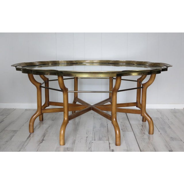 Vintage Baker Scalloped Brass and Glass Tray Top Coffee Cocktail Table