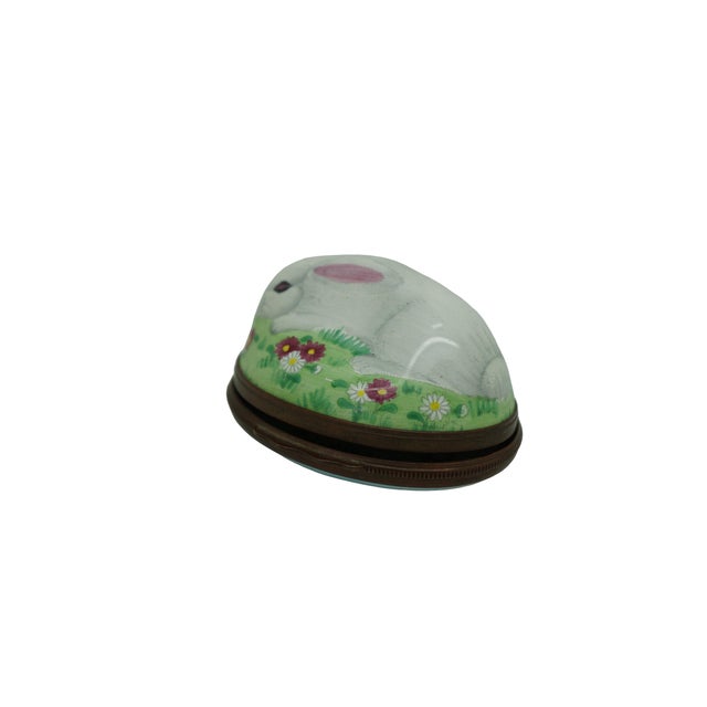 Vintage Halcyon Days English Bilston enamel rabbit trinket box (bonbonnière) from Stoke-on-Trent, England, dating to circa...