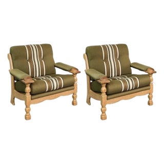 Henning Kjærnulf Danish Oak Lounge Chairs Original Wool Upholstery For Sale