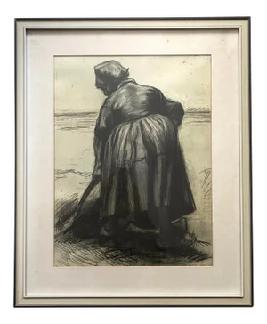 1950s "Peasant Woman Digging" Reproduction Print after Vincent Van Gogh, Framed