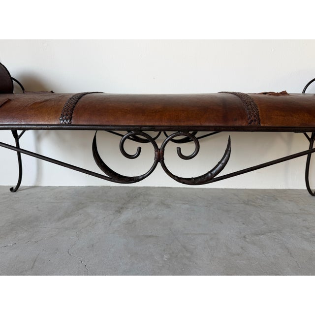 Brown Vintage Rustic Wrought Iron & Leather Scroll Bench For Sale - Image 8 of 16