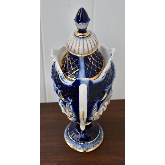 Italian Ceramic Lidded Urn Capodimonte Cobalt Blue Gold Relief Cherubs 70s For Sale - Image 14 of 16