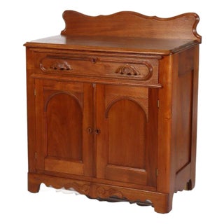 Antique Victorian Walnut Washstand With Backsplash & Carved Pulls C1900 For Sale