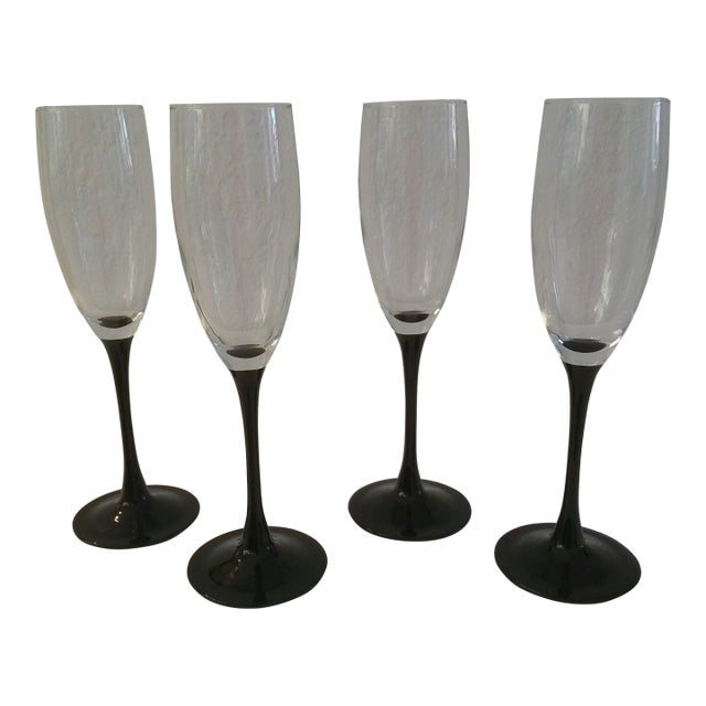 Vintage French Ebony Crystal Champagne Flutes, S/4 For Sale
