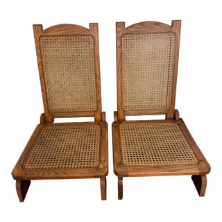 Pair of Antique Oak/Cane Canoe Folding Chairs Circa 1920s For Sale
