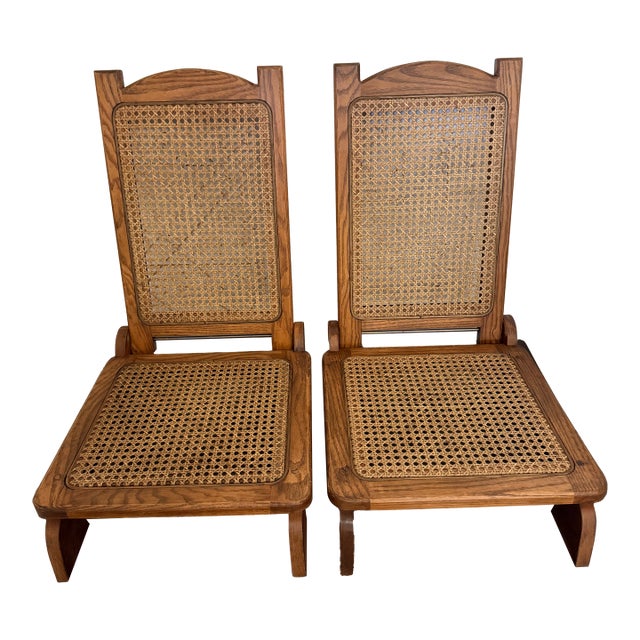 Pair of Antique Oak/Cane Canoe Folding Chairs Circa 1920s For Sale