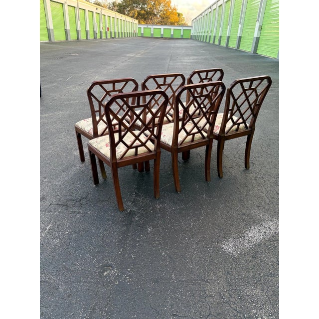 1960s Set of 8 Solid Wood Smith and Watson Chippendale Chippendale Fretwork Dining Chairs Brass Tag For Sale - Image 4 of 4