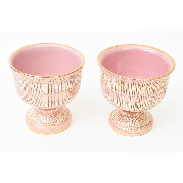 Vintage Aldo Londi for Bitossi Ceramic Seta Pedestal Bowl Pink, Brown, Gold Off White Yellow Hallmarked For Sale - Image 10 of 11