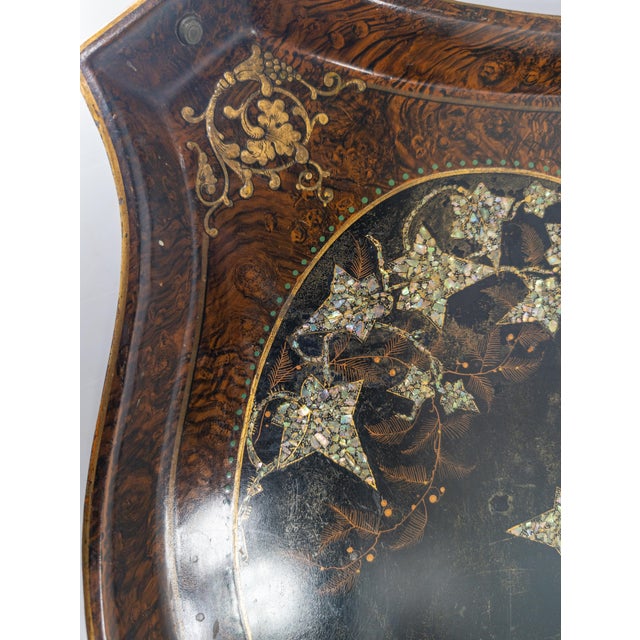19th Century English Victorian Tole Metal Serving Tray With Mother of Pearl and Faux Grain Design For Sale - Image 10 of 18
