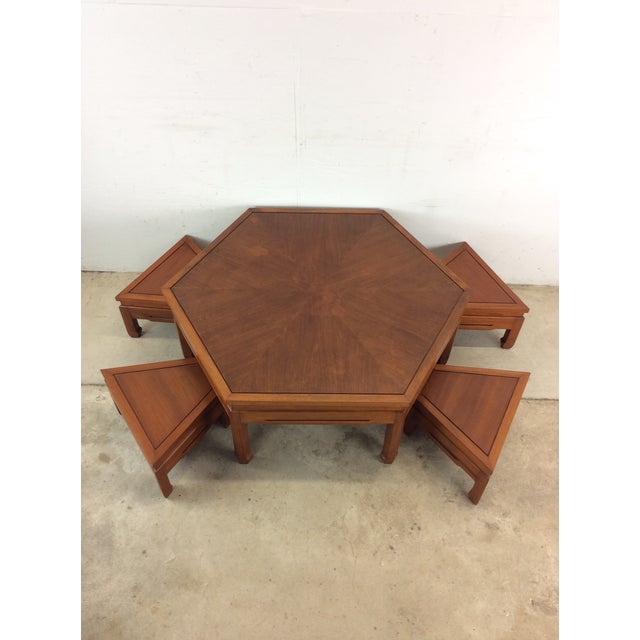 Mid Century Modern Solid Teak Tea Table With Four Stools For Sale - Image 4 of 12