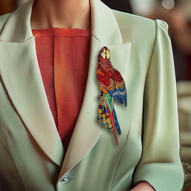 Vintage Lunch at the Ritz oversized Rainbow Macaw parrot brooch with articulated moveable wings by original designer Esme...