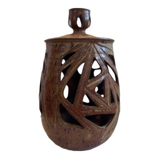 Vintage Ceramic Vase With Lid and Geometric Cutout Design For Sale