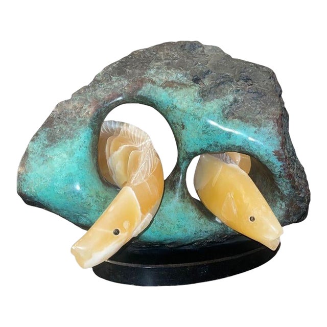 Late 20th Century Campbell Calcite Fish Sculpture Bronze Reef Marble Base u.s.A. For Sale