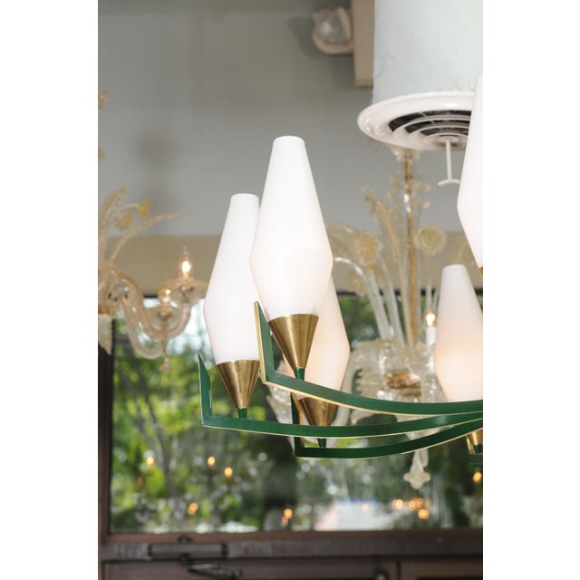 1950s 10-Light Brass & Lacquer Green Chandelier in Manner of Stilnovo For Sale - Image 9 of 12