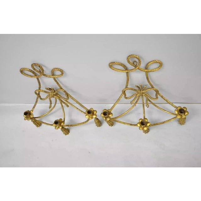 Mid 20th Century Italian Hollywood Regency Gold Gilt Rope Tassel Candle Holder Wall Sconce - Pair For Sale - Image 9 of 10