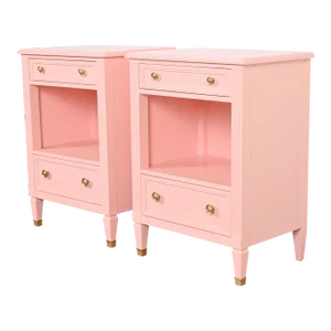 Kindel Furniture French Regency Louis XVI Pink Lacquered Nightstands, Newly Refinished