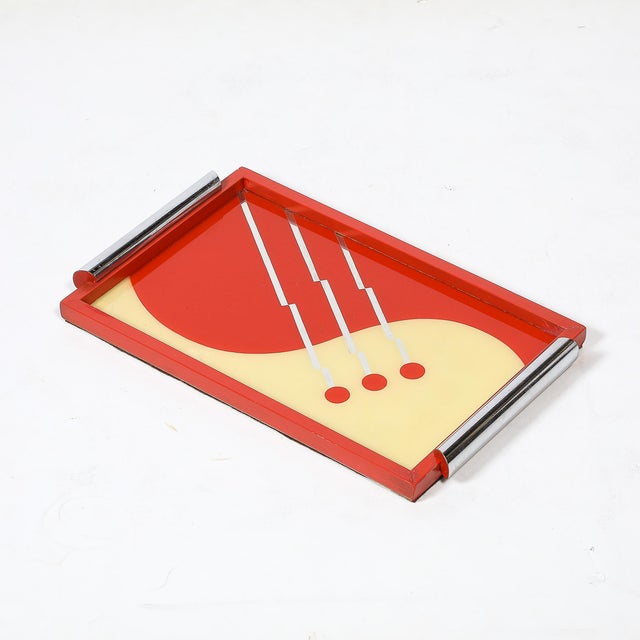 Art Deco Eglomise Graphic Geometric Detailed Tray in Vermillion Red & Yellow For Sale - Image 4 of 17