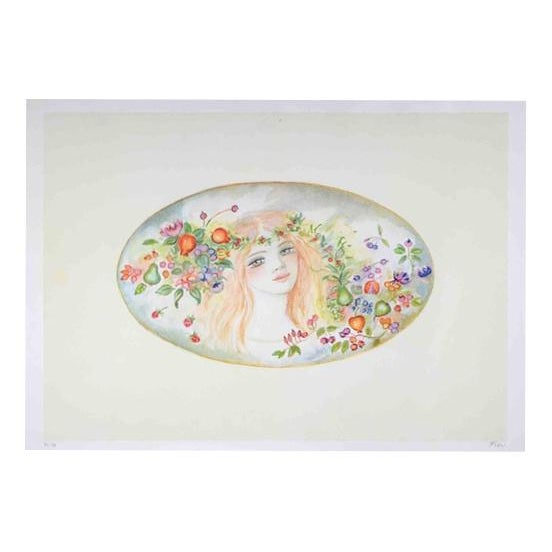 Felicita Frai, Portrait with a Garland of Flowers, Lithograph, 1980s For Sale - Image 4 of 4