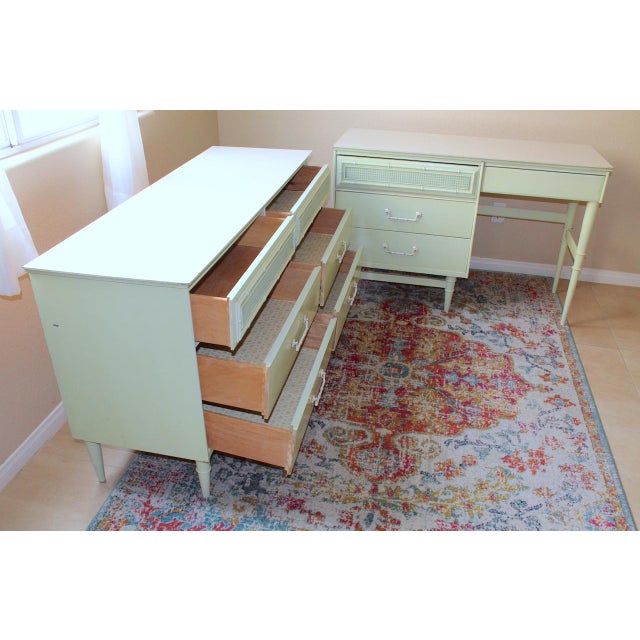 Bassett Furniture Rare Vintage Bassett Mid-Century Modern Student Desk & Dresser Set in Moss Green - Original Finish For Sale - Image 4 of 18