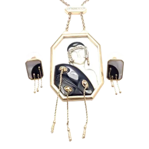 ERTE Folies 14k Yellow Gold Diamond Onyx Mother of Pearl Necklace & Earrings Set - 3 Pieces