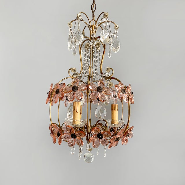 Italian Art Nouveau Chandeliers in Pink Murano Glass and Brass, Early 1900s, 1890s, Set of 2 For Sale - Image 3 of 18