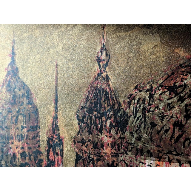 Buddhist Temple Citiscape Gold Silk Screen Print For Sale - Image 10 of 11