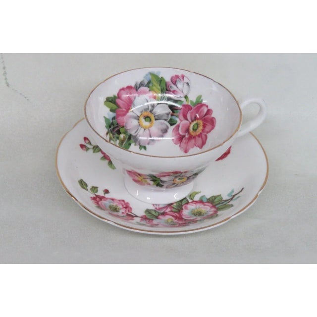Stanley England Bone China Pink Floral White Gold Tea Cup and Saucer Set For Sale - Image 10 of 10