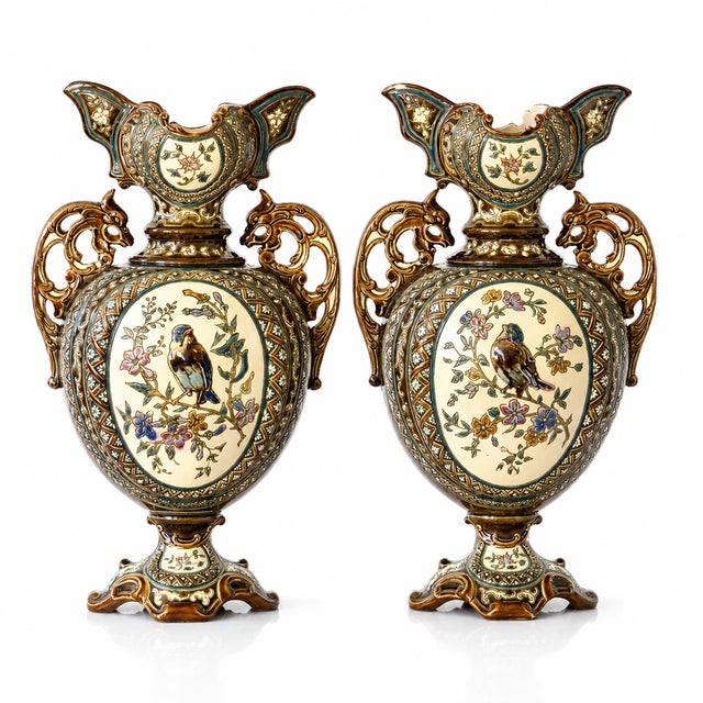 An exceptional pair of polychrome majolica baluster vases, signed Gerbing & Stephan of Bodenbach, Austria, 1885. The...