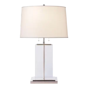 Thomas O'Brien for Visual Comfort Signature Block Large Table Lamp in Crystal & Polished Silver with Cotton Shade