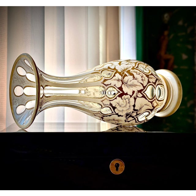 Antique Bohemian White Overlay Gilded Glass Vase, 1800s For Sale - Image 6 of 18