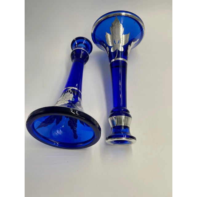 Metal Silver Overlay Colbalt Blue Grape and Leaf Candlestick Candle Holders - A Pair For Sale - Image 7 of 10