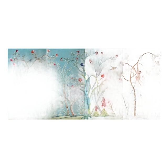 Hand Painted Teal Tropical Chinoiserie Jungle Monkey Floral Mural 4-Panel Set For Sale