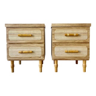 Boho Chic Woodgrain Laminate and Faux Bamboo Nightstands - a Pair For Sale