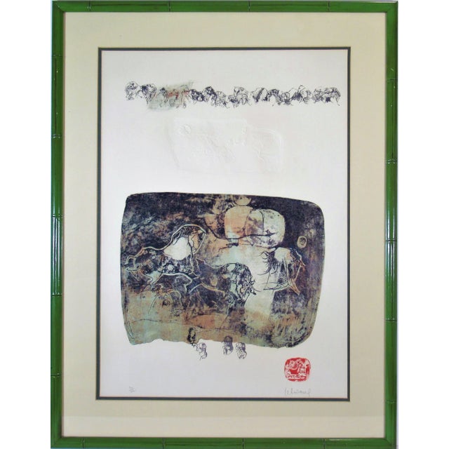 This artwork "titled "Horses #1" 1974 is an original color lithograph, with embossing by French/Vietnamese artist Hoi...