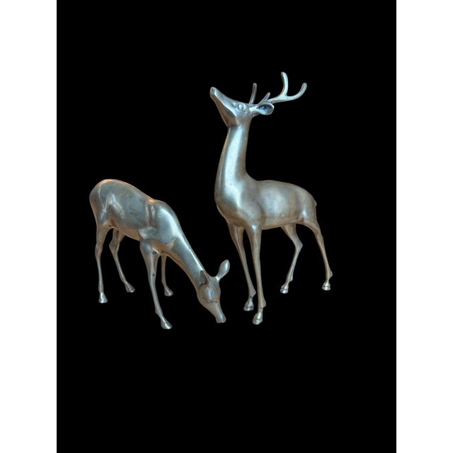 Brass Large Vintage Patina Brass Pair Deer Buck Doe For Sale - Image 8 of 9