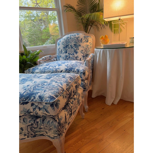 Custom Upholstered Marquise Bergère Chair & Curved Ottoman Some chairs are simply somewhere to sit. This one appears to...