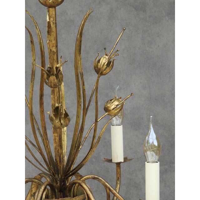 Metal Mid-Century Spanish Gilt Tôle Botanical Six-Light Chandelier, 1950s For Sale - Image 7 of 10