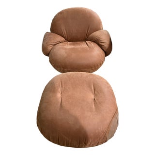 Gubi Pacha Lounge Chair (Returning Swivel Base) and Matching Ottoman in Leather For Sale