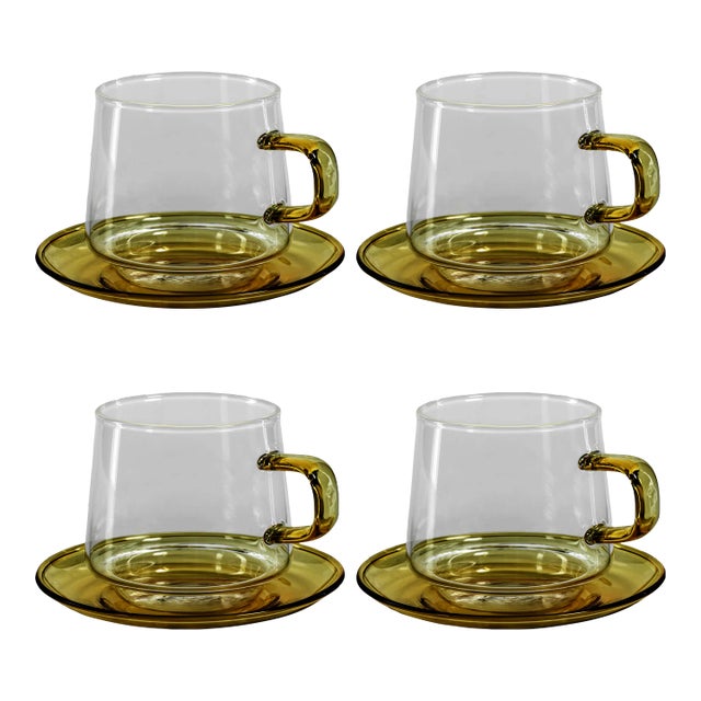 Bergamo Glass Tea & Coffee Cups and Saucers - Yellow, Set of 4 For Sale