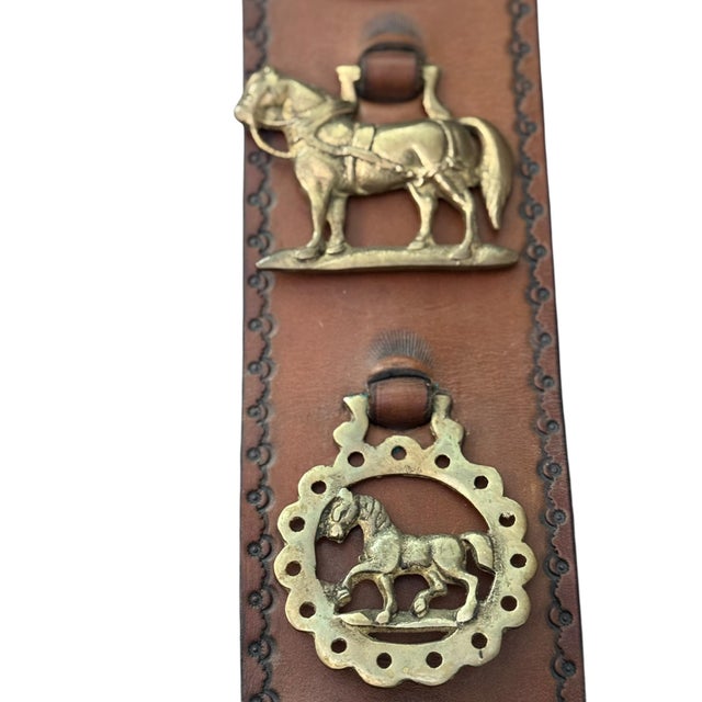 1960s Vintage English Leather Horse Brass Martingale Wall Hanging With Five Brass Medallions For Sale - Image 5 of 10