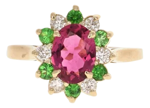1.45 Carat Pink Tourmaline Tsavorite Diamond 14 Karat White Gold Ring, Size 7