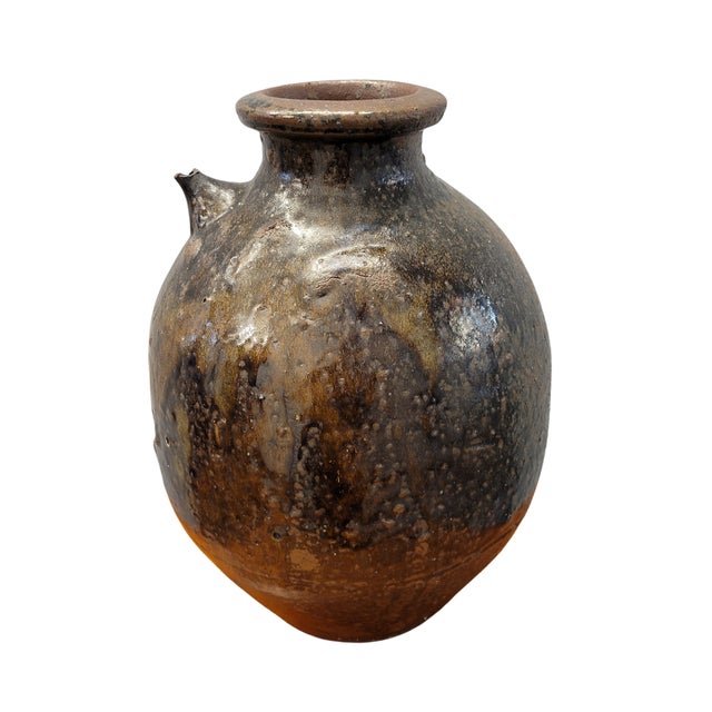 Antique 18th C French Provincial Walnut Oil Jug Jar in Rich Brown Glazed Terracotta For Sale In Raleigh - Image 6 of 8