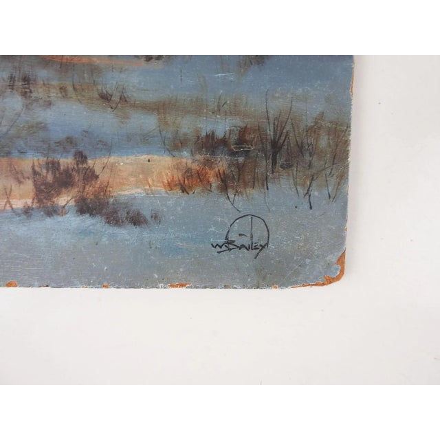 Late 20th century oil on masonite painting of Native American winter campsite at sunrise by William Bailey (b.1944)...