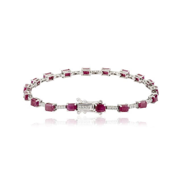 Ruby Red Modern 14k White Gold 5.95ct Natural Ruby & Diamond Tennis Bracelet 6.5 Inches For Sale - Image 8 of 14