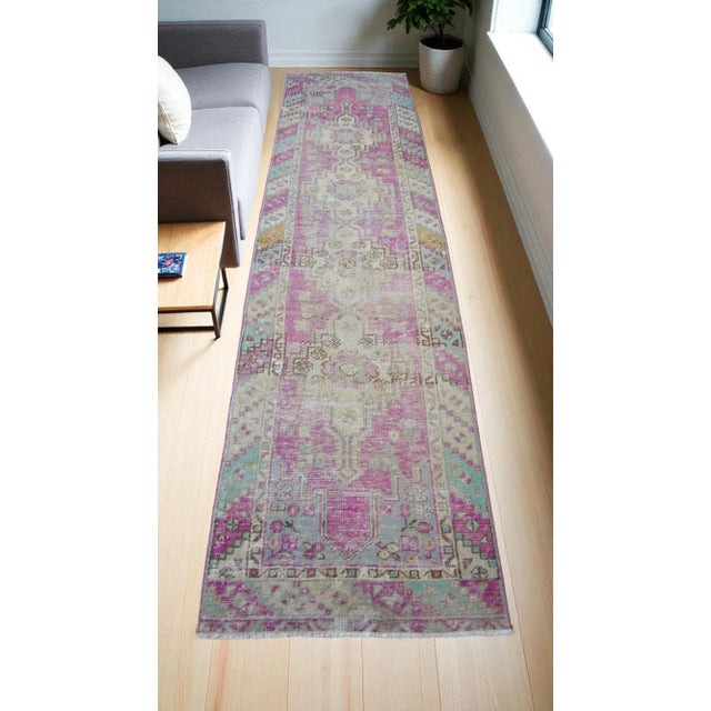 Turkish Boho Distressed Oushak Hallway Runner, Hand-Knotted Wool, Pink and Mint Green 2'10"x 11'1" For Sale - Image 3 of 11