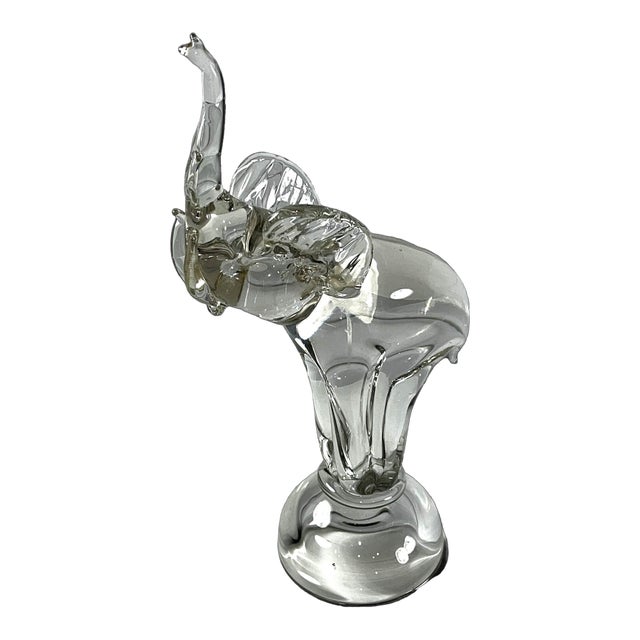 Late 20th Century Clear Art Glass Elephant Sculpture With Raised Trunk Attributed to Murano For Sale
