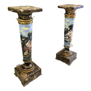 Hand-Painted Porcelain Pedestal With Marble Top & Bronze Accents For Sale