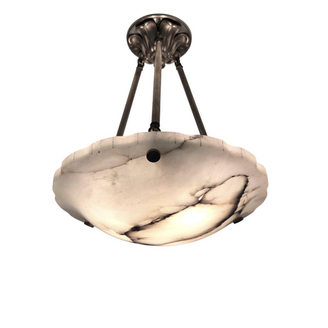 1930s French Art Deco Alabaster Pendant Light, White W/ Charcoal Grey Veining For Sale - Image 16 of 17